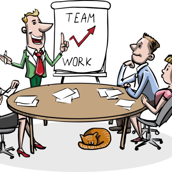 Cartoon image of team working around a table with Team Work on a flipchart