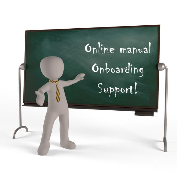 Cartoon teacher figure in front of chalkboard presenting the words "Online manual", "Onboarding" and "Support!" in a column.  