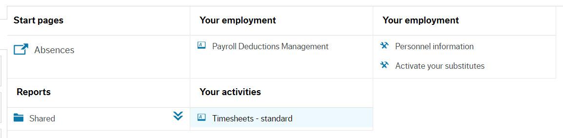 Screenshot of portion of ERP homescreen, Timesheets-standard highlighted