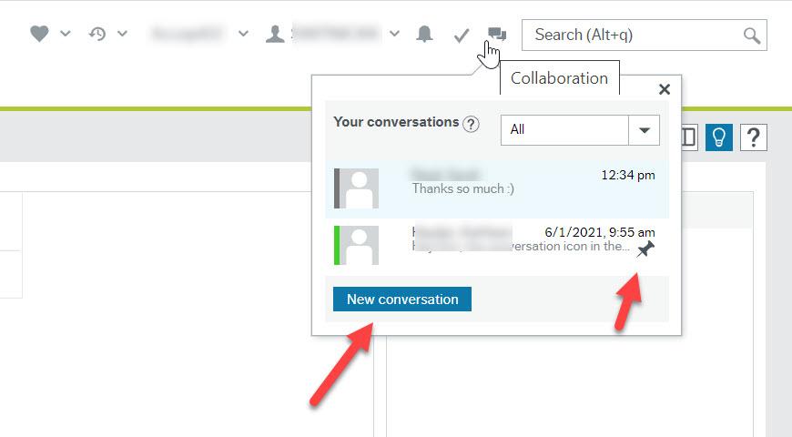 Screen shot of dialogue box open after clicking "quote bubble" icon with red arrow pointing to "New conversation" button and red arrow pointing to "pin" icon indicating a message has been pinned to a record.