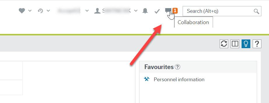 Screen shot of red arrow pointing to single "quote bubble" Collaboration icon at the top of Employee Portal window with an number 1 inside an orange box beside it. 