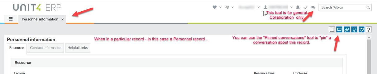 Screen shot showing the 2 different locations for the Collaboration and Pinned conversations tool. 