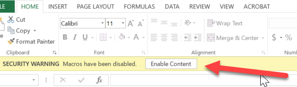 Arrow pointing to "Enable Content button" on Employee Expense Claim form 