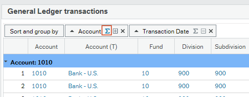 Screen shot of General Ledger transactions box with column titled Account with the Greek letter sigma highlighted indicating a mathematical summation function.