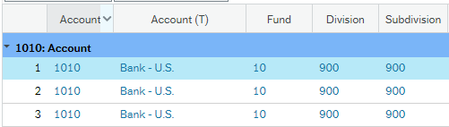 Screen shot of five columns: Account, Account (T), Fund, Division and Subdivision and two rows of data with the heading 1010: Account.