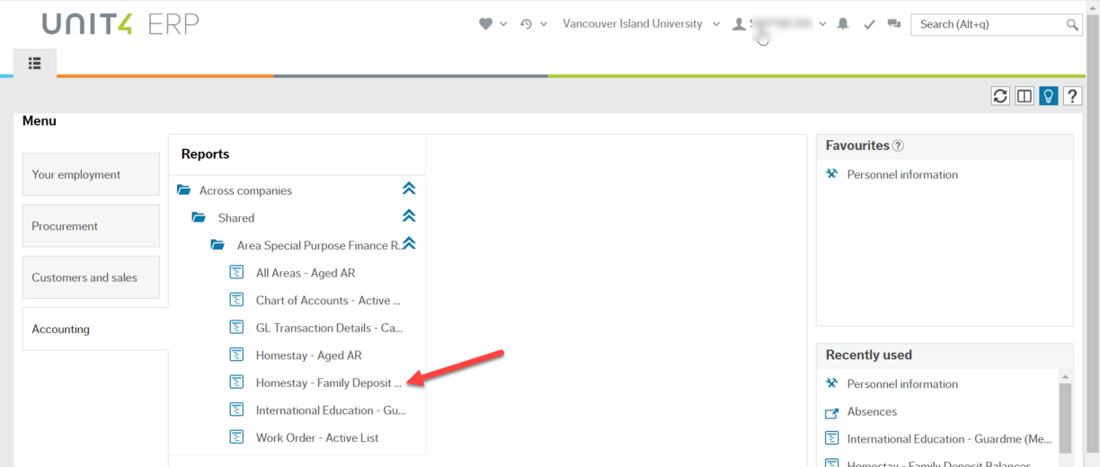 Workspace of Employee Portal with red arrow pointing to GL Transaction Details - Carbon Reporting item under the Areas Special Purpose Finance Reports folder that is in the Shared folder that is in Across companies under main Reports heading.