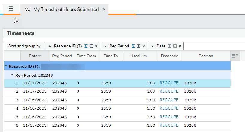 Screenshot of My Timesheet Hours Submitted Report