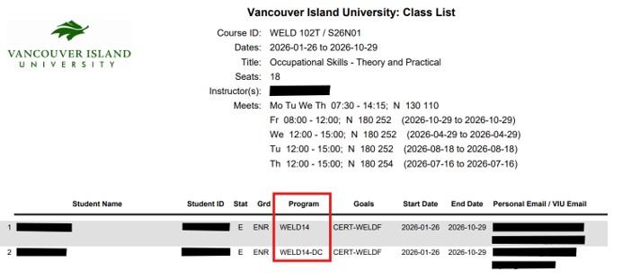 how to identify a dual credit student by program code