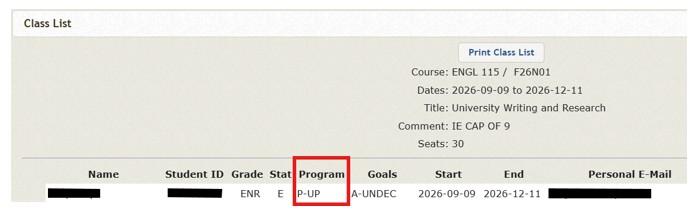 how to identify a pre-university program student by program code P-UP