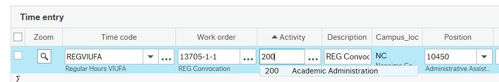 Screenshot of timesheet row, showing activity code highlighted