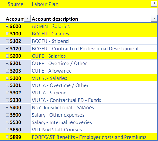 Chart with two columns for "source" and Labour plan items: Account codes and Account Description with 5000, 5100, 5200, 5300 and 5899 Account codes highlighted. 
