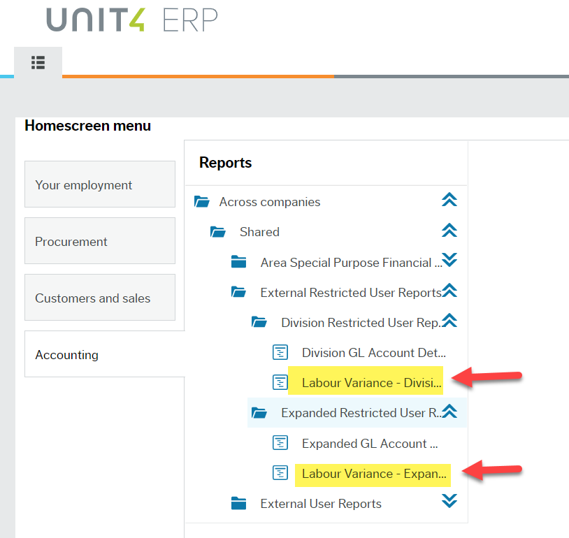 Employee Portal Accounting Menu with red arrows pointing to highlighted "Labour Variance - Division" and Labour Variance - Expanded" items under External Restricted User Reports folder.