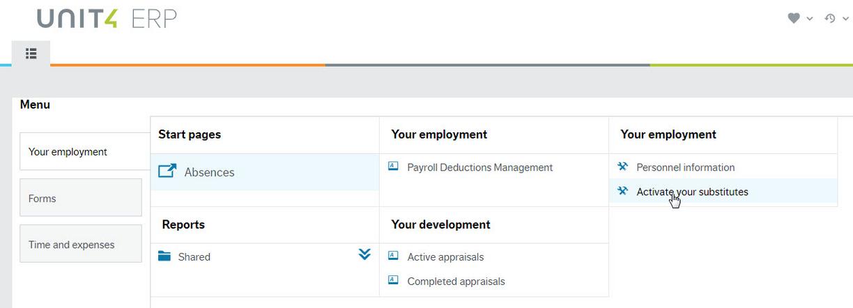 Screenshot of Employee Portal start page with Activate your substitutes highlighted