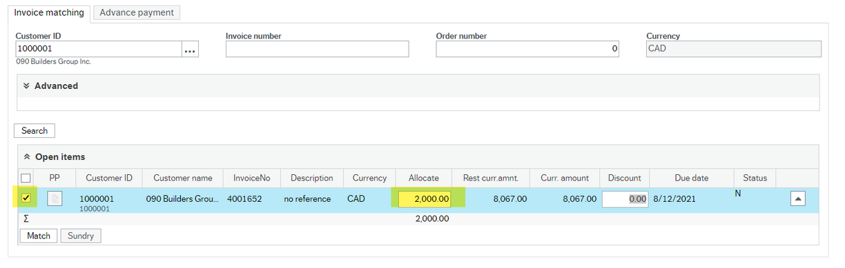 Screen shot of Payment information screen in FIS with a row of data highlighted in blue because it was selected and yellow highlights on Tick box ticked and the Allocate column showing 2,000.