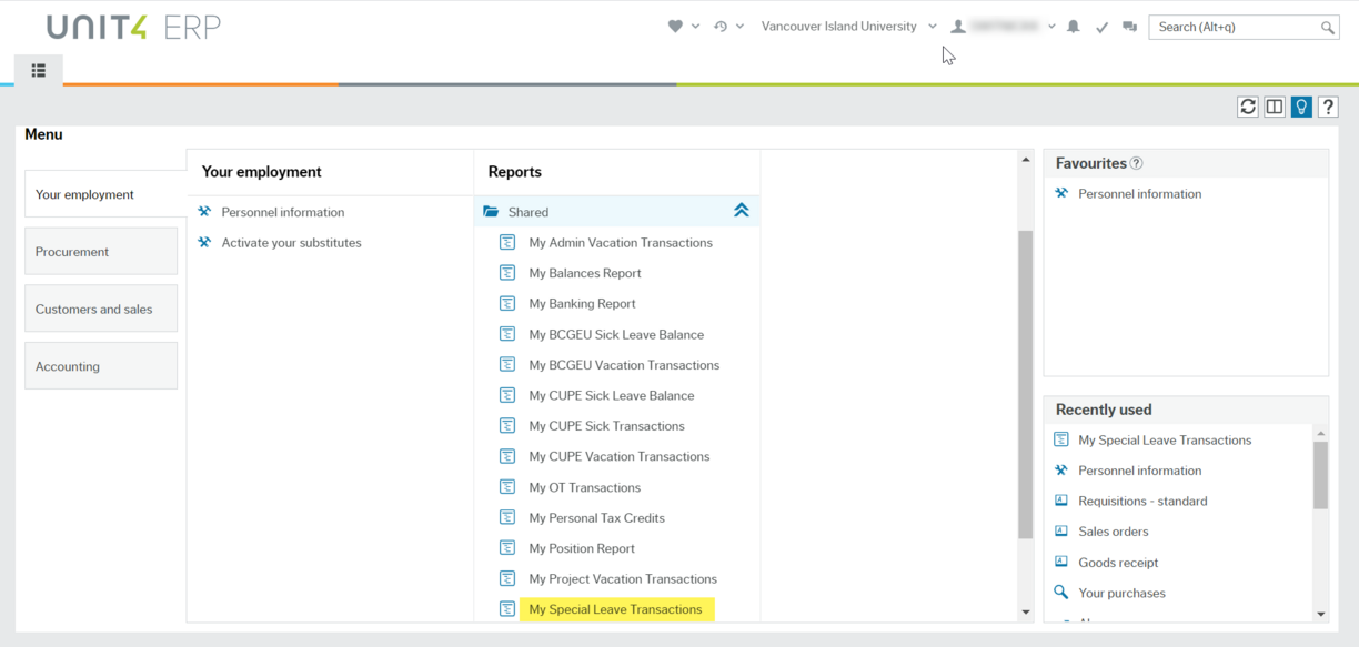 Screen shot of Employee Portal window with My Special Leaves menu item highlighted under Shared folder under Reports activity item.