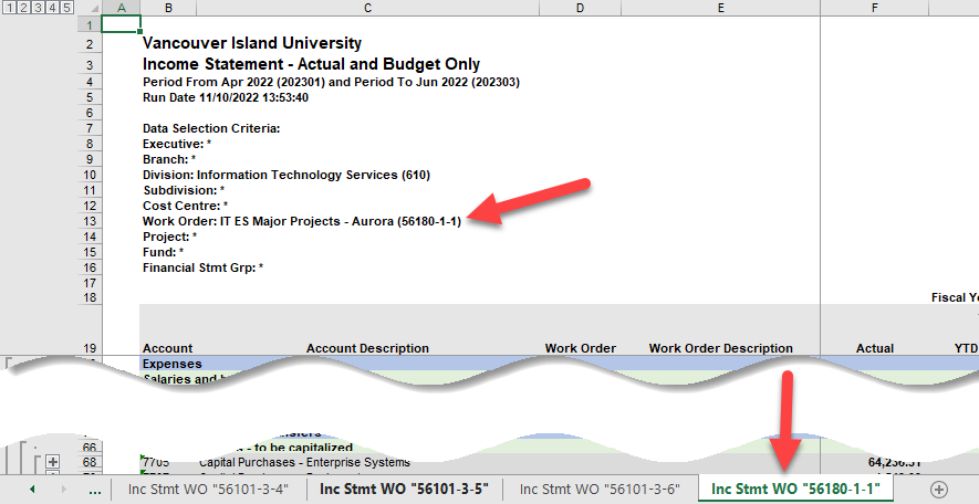 Sample Income Statement Actual and Budget Only with red arrow pointing to Work Order: IT ES Major Projects - Aurora (56180-1-1) in the title description and a red arrow pointing to tab on far right of bottom of workbook.