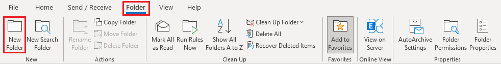 Screen shot of Outlook menu bar with Folder menu item highlighted and New Folder icon highlighted in the ribbon below that.