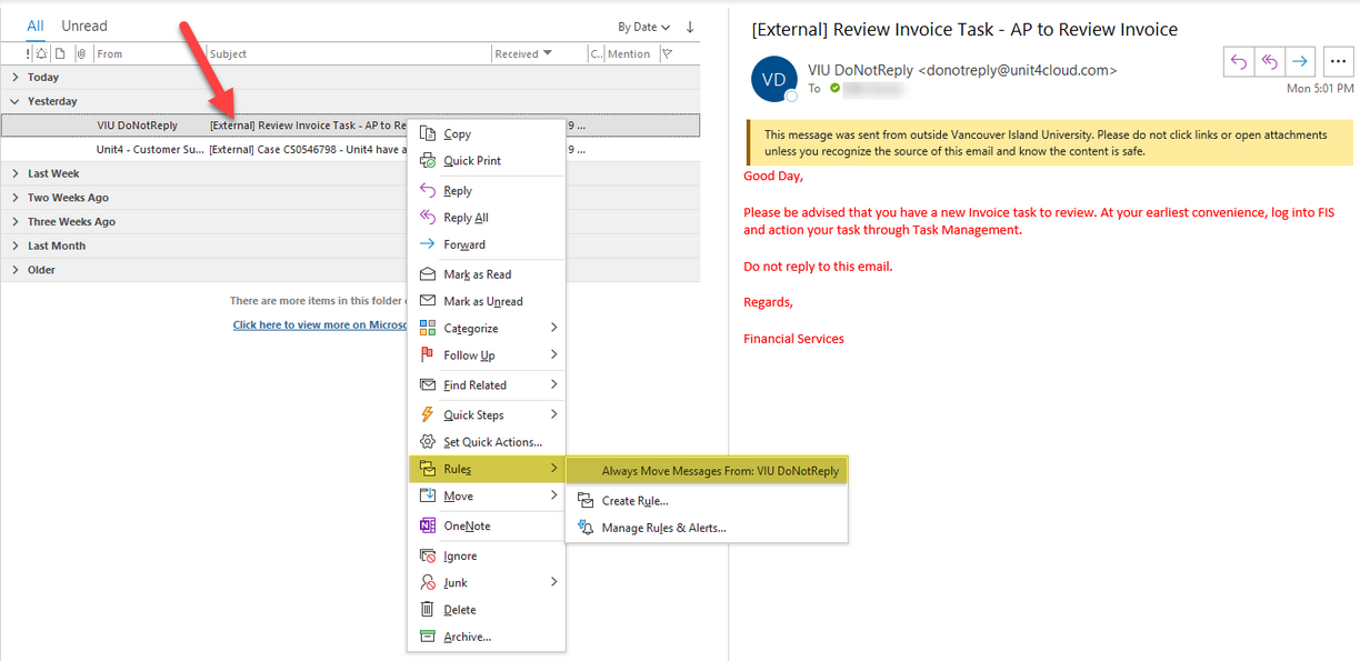 Screen shot of Outlook email window with submenu visible from right clicking an email from VIU DoNotReply showing highlighted menu item: Rules and the submenu Always Move Messages from: VIU DoNotReply.
