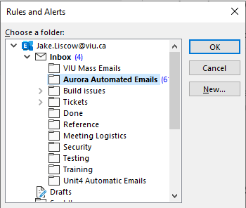 Screen shot of Rules and Alerts window in Outlook showing a list of the Folders underneath the main Inbox with AURORA Automated Emails highlighted. 
