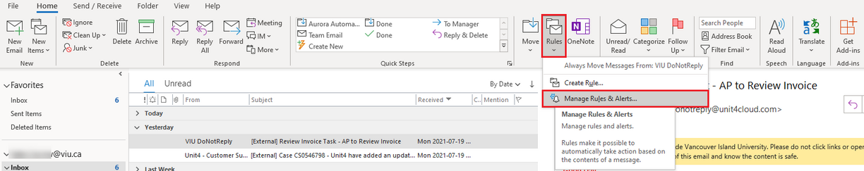 Screen shot of Outlook email menu showing the Rules menu icon highlighted and the Manage Rules &amp; Alerts submenu also highlighted.