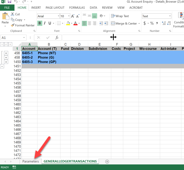 Screenshot of an Excel spreadsheet in a workbook with an arrow pointing to the tab named Parameters in the lower left corner workbook.