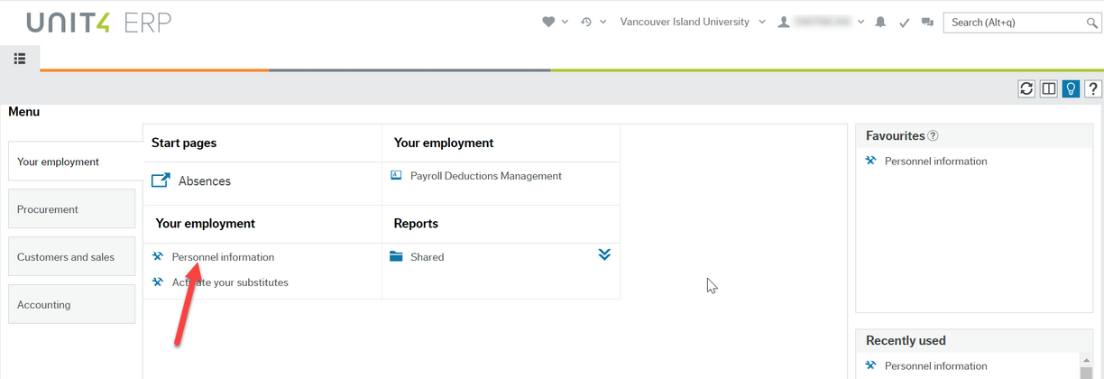 Workspace in Employee Portal with red arrow pointing to "Personnel information" activity beneath "Your employment" heading.