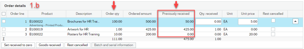 Order details screen with "Previously received" column highlighted showing the previously received amounts