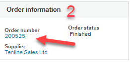 Order information box showing blue hyperlinks for PO number and Supplier.