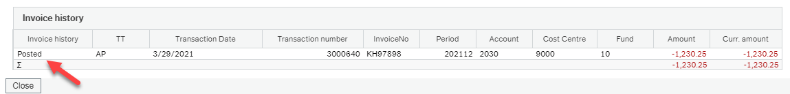 Invoice history box showing the line marked Posted.