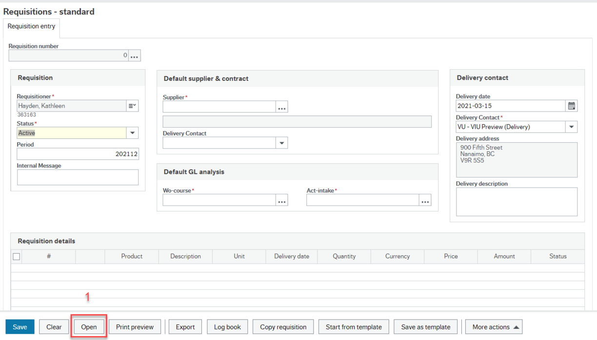 Purchase Requisition screenshot indicating to click Open button on bottom to open Value Lookup window