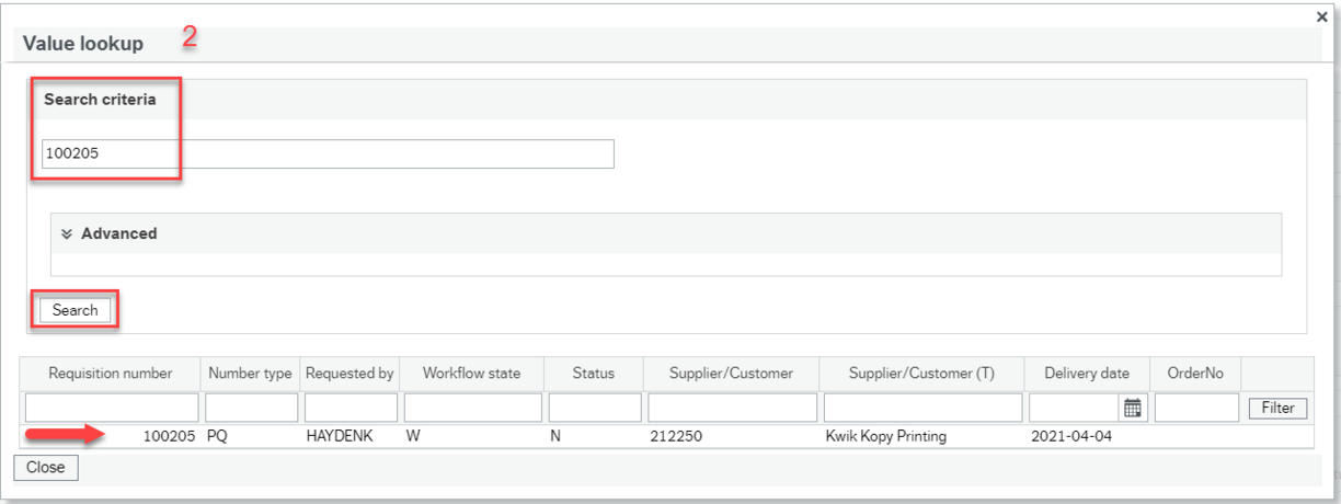 Screenshot of Value lookup window with "Search criteria" and "Search" boxes highlighted and arrow pointing to line showing Requisition details below that
