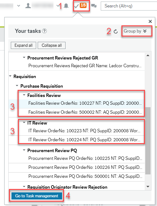 Tasks window open below checkmark icon with 15 in an orange box beside it along with red 1. Red 2 beside "Group by" menu. Red 3 by two groupings of Purchase Requisition requests. Red 4 by "Go to Task management" button at bottom.