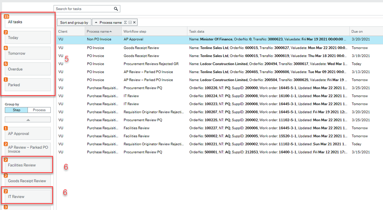 Task management window with list of many tasks. Left menu options All Tasks, Today, Tomorrow, Overdue, Parked in a red box with red 5. "Group by" menu items "Facilities Review" and "IT Review" marked in red box with red 6 beside it.