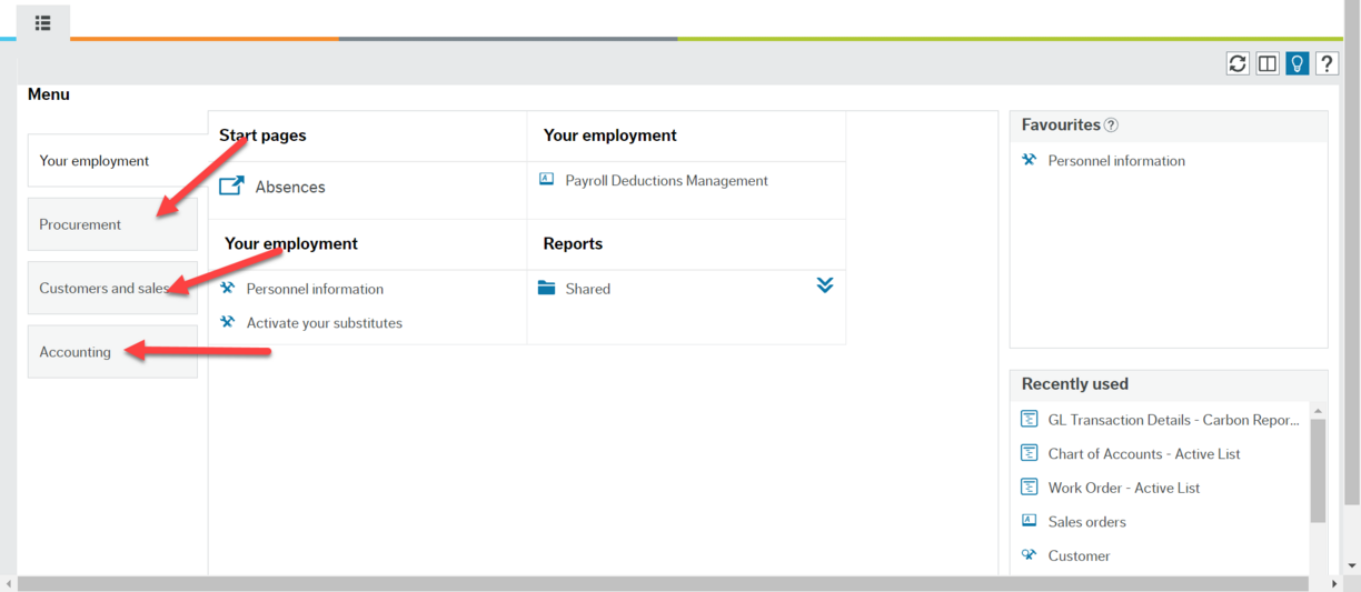 Employee Portal Workspace with red arrows pointing to the menu items "Procurement" and "Customer and sales" as well as "Accounting" on the left hand side of the screen.