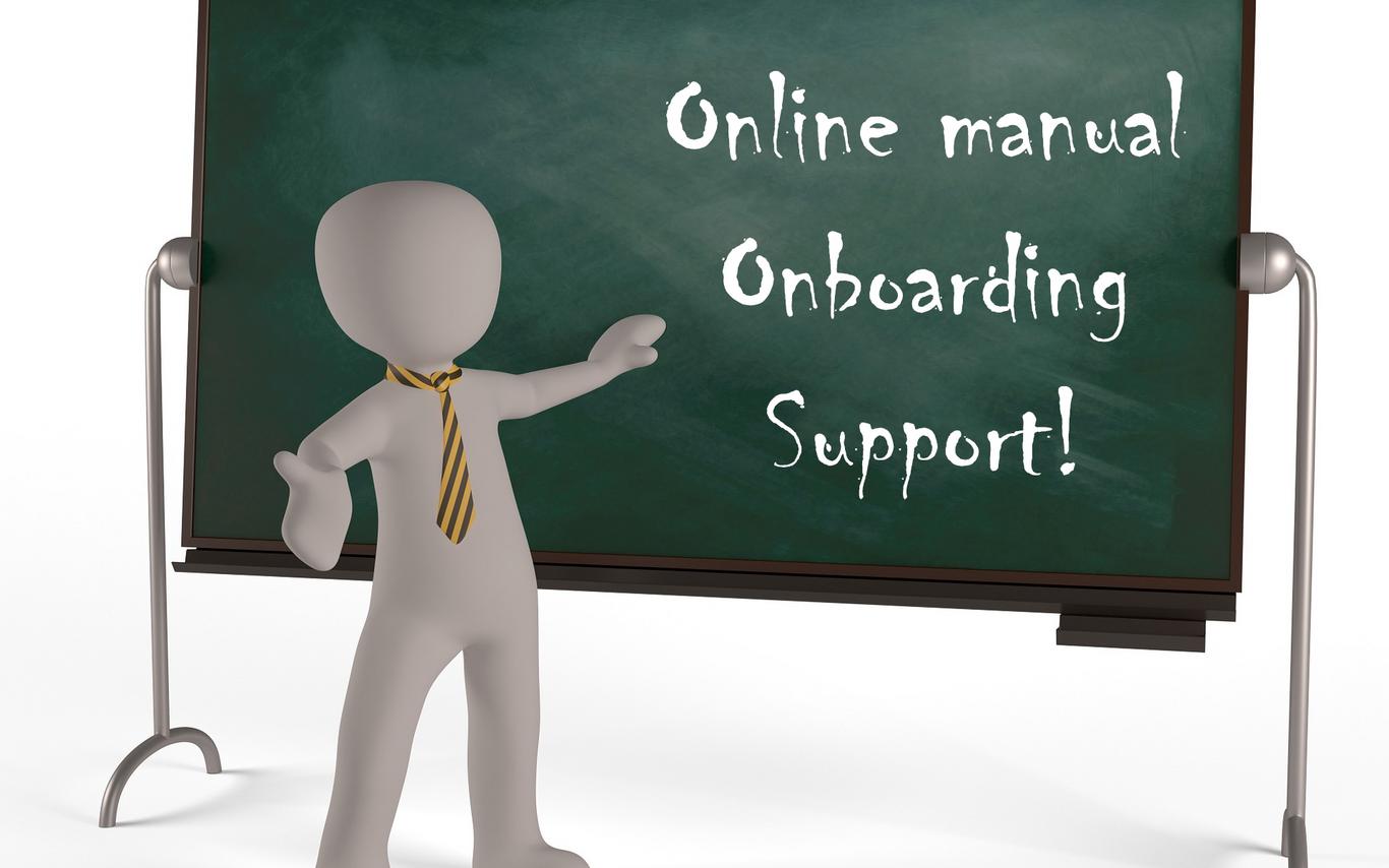 Cartoon teacher figure in front of chalkboard presenting the words "Online manual", "Onboarding" and "Support!" in a column.  